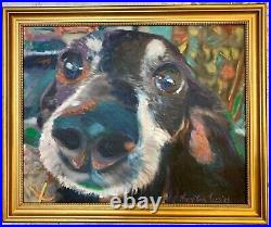 Hello There, Original Mixed Media Painting, Dog, Framed Art