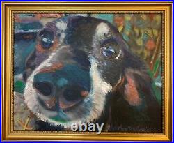 Hello There, Original Mixed Media Painting, Dog, Framed Art
