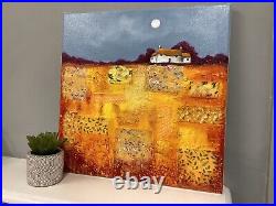 House On Golden Yellow patchwork field, Original acrylic mixed media painting