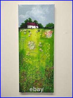 House On Green patchwork field, Original acrylic mixed media painting