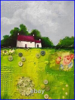 House On Green patchwork field, Original acrylic mixed media painting