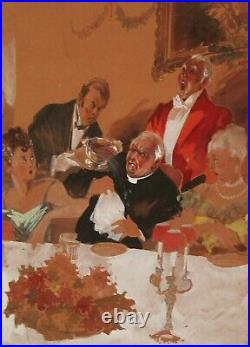 Humorous Mixed Media Painting Waiter Spilling Soup on Reverend at Formal Dinner