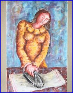 JEAN MARIE GOUTTIN-French Modernist-Original Signed Mixed Media-Woman Ironing