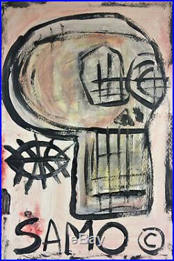 Jean-Michel Basquiat Skull SAMO Postcard Style gouache painting