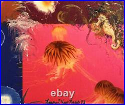 Jelly Fish Seahorse 24x22 Original Mixed Media Painting Canvas Wood Frame