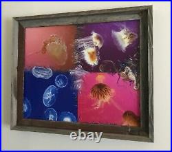 Jelly Fish Seahorse 24x22 Original Mixed Media Painting Canvas Wood Framed
