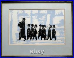 Jewish Art. Mid 20th C Mixed Media. Rabbi & Children. Signed & Dedicated
