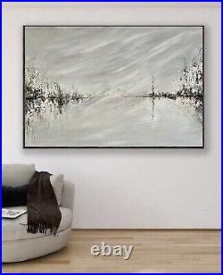 Large 101x76cm Abstract Canvas Painting Textured White Grey Metallic Black