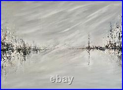 Large 101x76cm Abstract Canvas Painting Textured White Grey Metallic Black