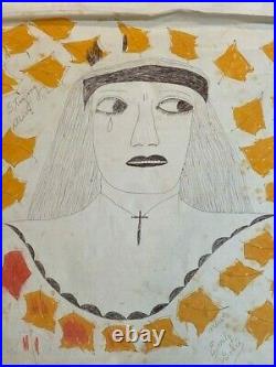 Lee Godie Chicago Outsider Artist Mixed Media Portrait of Woman on Canvas