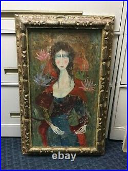 Luciano Spazzali Abstract Mixed Media Painting Portrait of Woman with Cat 23x31