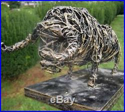 MID-CENTURY MODERN SIGNED 60's STEEL WIRE MIXED MEDIA WESTERN ART BULL SCULPTURE