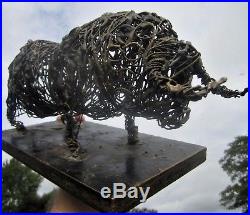 MID-CENTURY MODERN SIGNED 60's STEEL WIRE MIXED MEDIA WESTERN ART BULL SCULPTURE