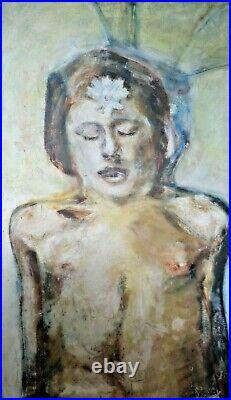 Mary Stork (1938 2007) V Large 1960's Mixed Media On Canvas. Nude Flower Child