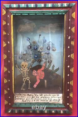 Mexican Folk Art Magnificent Skeleton & Bouncing Evil Eyes 3D Retablo Box Shrine
