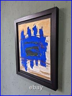 Mini Vintage Mid-century Framed Mixed Media Painting Abstract In Blue