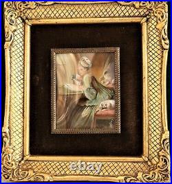 Miniature Mixed Media Painting of Seated Girl With Her Dog 2 1/2 3 1/2 Signed