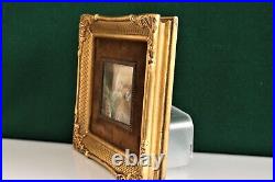 Miniature Mixed Media Painting of Seated Girl With Her Dog 2 1/2 3 1/2 Signed
