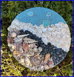 Mixed Media Mosaic Wall Art, coastal, rocks, ocean, shells, glass, 13 round