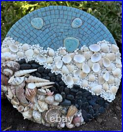 Mixed Media Mosaic Wall Art, coastal, rocks, ocean, shells, glass, 13 round
