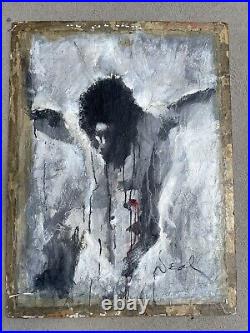 Mixed Media Signed Neal African American Artist Jesus On Cross 1970s
