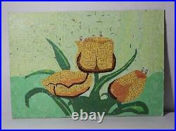 Mixed Media Yellow Flowers On Green Background Collage Art Project Painting Rare