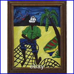 Mixed media on board showing a fisherman mending his nets in Cape Verde