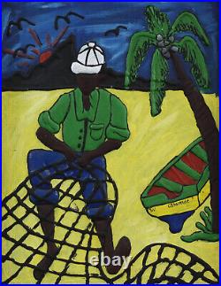 Mixed media on board showing a fisherman mending his nets in Cape Verde