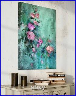 NEW Beautiful ROSE Floral Emerald and Pink Painting- Scents Of A Dream