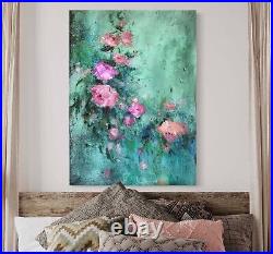 NEW Beautiful ROSE Floral Emerald and Pink Painting- Scents Of A Dream