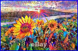 Nik Tod Original Painting Large Signed Art Amazing Colored Sunflowers On Sunrise