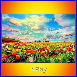 Nik Tod Original Painting Large Signed Art Colorful Landscape Flowers In Field