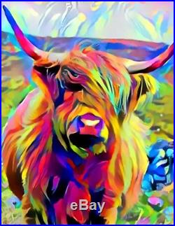 Nik Tod Original Painting Large Signed Art Textured Modern Colorful Highland Cow
