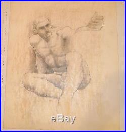 Nude Male Sitting with Arm Extended Mixed Media Drawing-1964-August Mosca
