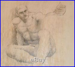 Nude Male Sitting with Arm Extended Mixed Media Drawing-1964-August Mosca