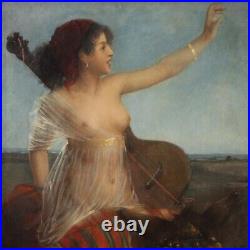 Nude woman oil on canvas painting antique gypsy donkey artwork 19th century 800