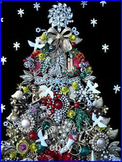 OOAK Vtg Rhinestone Jewelry Xmas Tree Art Framed 21x17 Folk Art Handmade