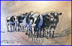 ORIGINAL Metallic Mixed Media Dorset Dairy Cows 20x13 Marilyn Allis