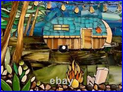 Old Camper In Woods Under Night Sky With Campfire Original Mosaic Art