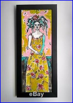 Original Framed Mixed Media Painting Garden Party Portrait Woman Gritty Jane