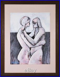 Original Geoffrey Key Couples Embrace Mixed Media on Paper Artwork/Painting