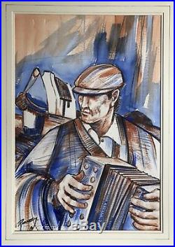 Original Irish Art Watercolour Mixed Media Painting Melodeon Player By JP Rooney