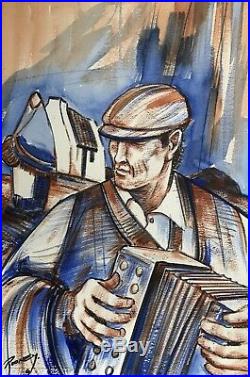 Original Irish Art Watercolour Mixed Media Painting Melodeon Player By JP Rooney