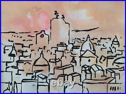 Original Modern Mixed Media Painting Rome Cityscape-Rooftops-Domes signed 1969