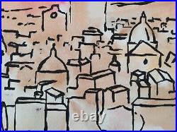 Original Modern Mixed Media Painting Rome Cityscape-Rooftops-Domes signed 1969