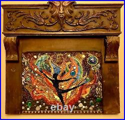Original Mosaic Art Of Fire Dancer In An Antique Wood Fireplace Mantle