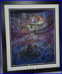 Original Signed Artwork Piccadilly Circus London At Night Time In Black Frame