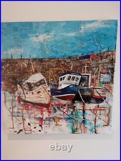 Original painting. Acrylic Mixed Media. Harbour Fishing Boats. 60x60cm