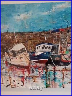 Original painting. Acrylic Mixed Media. Harbour Fishing Boats. 60x60cm