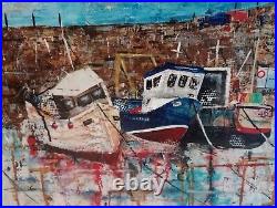 Original painting. Acrylic Mixed Media. Harbour Fishing Boats. 60x60cm